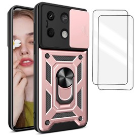 TUNKARMOR Funda para Redmi Note 13 5G Case | Protector de Pantalla Incluido, con Ventana Deslizante de protección de la cámara y Soporte para el teléfono móvil - Rosa