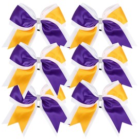 Cheerleader Bows 8 Inch 3 Colors 2 Layers 6 Pcs Jumbo Ponytail Holder Cheerleading Bows for High School College Hair Elastic Hair Tie (Purple/Gold)