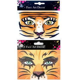 LEMONSTONE Animal Face Tattoo Carnival, Pack of 2 Tiger Tattoo Face Leo Face Art Stickers, Tiger Make-Up, Glitter Animal Stickers Face Carnival Leo Temporary Tattoos, Animals Face Sticker for Fancy