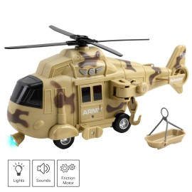 Vokodo Toy Military Helicopter 11" With Lights And Sounds Push And Go TE-53