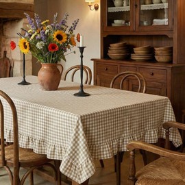Mindsoft Plaid Ruffled Table Cloth Cotton Linen Fabric Checkered Gingham Tablecloth Farmhouse Vintage Buffalo Plaid Decorative Table Cover for Dining Room Party(60 x 84 Inches,Light Brown)
