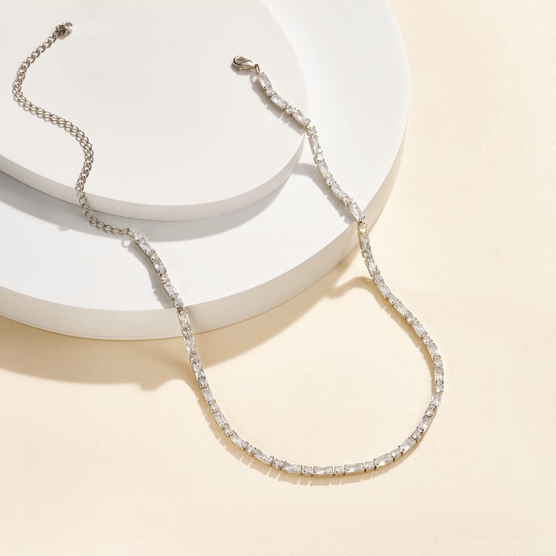 KissYan Silver Tennis Necklace for Women, White Gold Plated Diamond