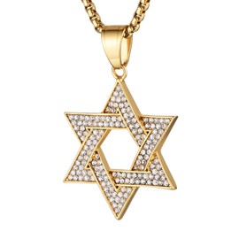 HZMAN Star of David Necklace for Men Women Stainless Steel Cubic Zirconia Hexagram Pendant Jewish Israel Jewelry Gift (Gold)
