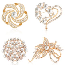 YBEATY 4 PCS Heart Pearl Brooch Set Crystal Bling Elegant Imitation Large Pearl Floral Crystal Pins Metal Flower Shawl Clip Buckle Decoration Accessories Sweater Shawl Clips for Women Wedding Bouquet