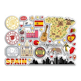 A5 Sticker Sheet Spain Landmarks Vinyl Stickers - Espana Spanish Map Airport Stamp Skyline Flag Travel Holiday Country City Aesthetic #80314