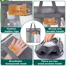 KALIONE Shower Bag, 1 Piece Shower Bag with Handle, Portable Beach Bag, Mesh Shower Basket, Large Capacity, Travel Shower Bag for Gym, Shower Room, Beach, Travel Toiletries (Grey)
