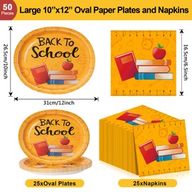 Dereinwo 50Pcs Back to School Large 12" x 10" Oval Paper Plates and Napkins Disposable Heavy Duty Paper Plates and Napkins for Back to School Party Supplies