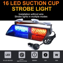 UWDESY 16 LED High Intensity Emergency Hazard Warning Strobe Lights w/Suction Cups for Law Enforcement Vehicles Truck Interior Roof Windshield Dash Deck Flashing Light (Red & Blue)