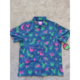 Meow Wolf Shirt Men's Size XS Blue Cat Rose Button Up Loop Collar Stretch
