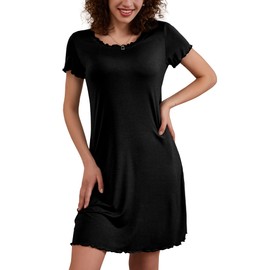 Lucyme Women's Short Nightdress with Ruffles, Short-sleeved Nightdress / Sleepshirt - A-Black, size: xxl