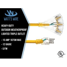 2 ft Short Outdoor Extension Cord Waterproof - 12 Gauge Heavy Duty Extension Cord Splitter Outdoor 2 ft - Lighted Outdoor Extension Cords with Multiple Outlets - Watts Wire - 2' Grounded