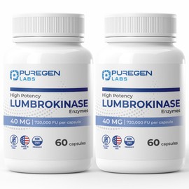 Puregen Labs Lumbrokinase 40mg per Capsule High Potency Supplement | High Activity Lumbrokinase Enzymes | No Harmful Additives | Non-GMO | Gluten Free | Made in USA - Total 120 Vegetarian Capsules