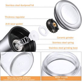 Set of 6 Salt and Pepper Grinder Stainless Steel Sea Salt Grinder Ceramic Salt and Pepper Shaker with Adjustable Coarseness Refillable Pepper Grinder Mill Glass Pepper Mill 6.3 oz Salt Mill Spice Mill