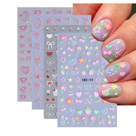 Bow Nail Stickers with Hollow Design 5D Embossed Pink Heart Nail Art Stickers Self-Adhesive Flower Nail Decals Strawberry Summer Nail Designs Star Nail Art Decoration for Women Girls Manicure 4 Sheets