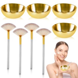 DLUGOPIS Set de 8 Piezas de Boles Y Brochas Faciales Doradas: 4 Boles Mezcladores de Acero Inoxidable Dorado, 4 Brochas de Abanico Faciales, Brocha para Mascarillas Faciales de Esteticista para Maquil