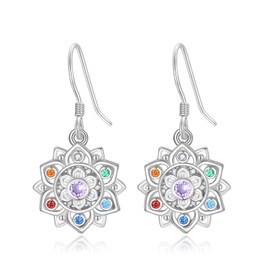 Chakra Lotus Flower Earrings for Women 925 Sterling Silver 7 Chakra Earrings Chakra Lotus Drop Earrings Yoga Lotus Jewellery Gift for Women Teenager Girls, Sterling Silver, Birthstone
