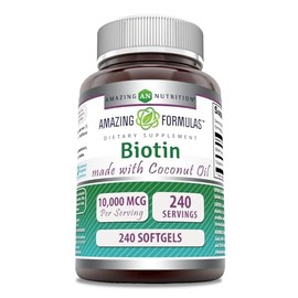 Amazing Formulas Biotin with Extra Virgin Organic Coconut Oil Supplement | 10000 Mcg | Softgels | Non-GMO | Gluten-Free | Made in USA (1 Pack, 240 Count)
