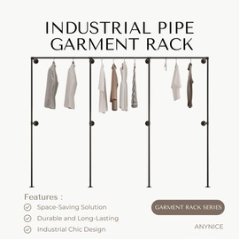 Anynice Industrial Pipe Clothing Rack,Industrial Clothing Rack, Clothing Rods for Hanging Clothes,Clothes Rack,Wall Mounted Garment Rack, Heavy Duty Coat Rack (K07-14.6" D x 110" W x 82.7" H)
