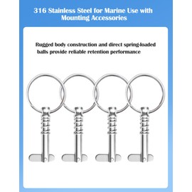 Nerites 1/4" Diameter Bimini Top Quick Release Pins 316 Stainless Steel Pin and Ring Easy to Fix and Remove Bimini Pins, Marine Hardware for Boats, Yachts, Speedboats, Motorboats, Ships (4 Pack)