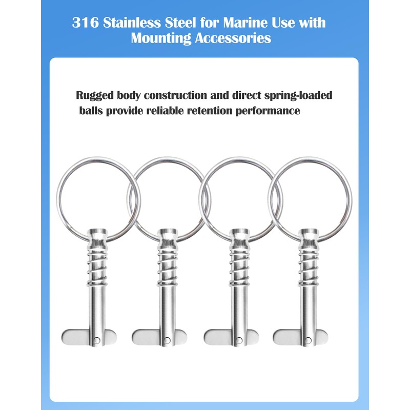 Nerites 1/4" Diameter Bimini Top Quick Release Pins 316 Stainless