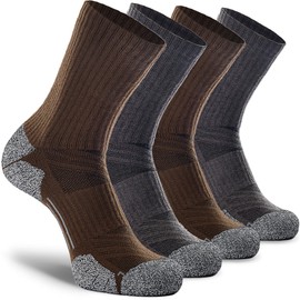 CWVLC Hiking Crew Socks, 4-Pack Men Women Boot Socks for Walking, Hunting, Camping, Winter Outdoor Work, Cosy Cushion, Moisture Wicking, Arch Compression, Anti Blister, X-Large, Gray Brown