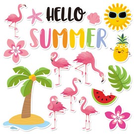 Whaline Summer Flamingos Cutouts Hello Summer Bulletin Board Decoration Tropical Hawaiin Beach Cutouts Summertime Party Back to School Cut-Outs with Glue Points for School Classroom Decor, 23Pcs