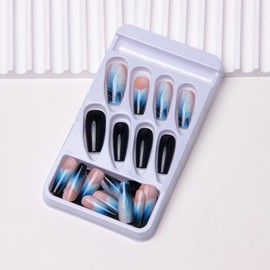 Press on Nails Long Coffin Fake Nails Ombre Acrylic False Nails with Design Gradient Black Blue Glue on Nails Glossy Marble Nails Summer Wave Nails for Women Girls Manicure 24pcs
