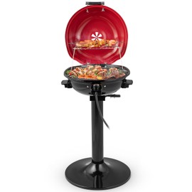 CHEFJOY 1600W Electric Grill Outdoor, 15-Serving Freestanding Camping Grill with Warming Rack, Removable Oil Drip Tray, Adjustable Temperature Control, Portable BBQ Grill for Patio, Backyard (Red)