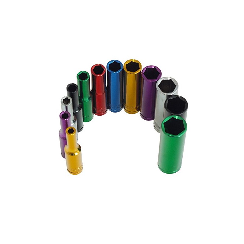 Voche® 12 Piece 1/4" Deep Coloured Colour Chrome Vanadium Sockets