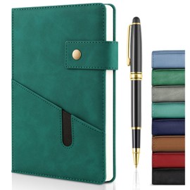 Mousbull A5 Leather Journal Notebook with Pen, 200 Pages Hardcover Journal with Pocket, 100gsm Thick Lined Paper Daily Diary for Men and Women, Great Gift for Business School Travel Personal - Green