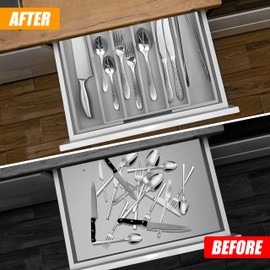 Bellsal Grey Silverware Organizer Kitchen Drawer Organizer Expandable Bamboo Utensil Holder Cutlery Tray for Kitchen Utensil and Flatware Bedroom Office