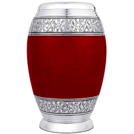 Cremation Urn for Human Ashes Memorial Funeral - Hand Made - Suitable for Cemetery Burial or Niche - Large Size fits Remains of Adults up to 200 lbs - Blood Red & Silver
