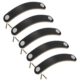 Yoohey 5 Pack Drawer Knob Pull Handle Leather Cabinet Drawer Pulls Mordern Handmade Leather Cabinet Drawer Pull Knob with Screws (Black, 14cm, 2 Holes)