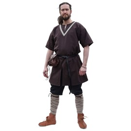 Battle-Merchant Medieval Tunic Ailrik Cotton Tunic with Border for Men Black/Brown/Blue/Green S/M/L/XL/XXL, brown
