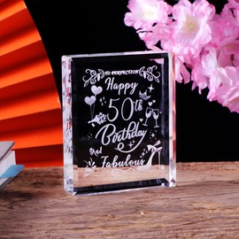 Happy 50th Birthday and Fabulous Gifts for Women, Laser Engraved K9 Crystal Plaque Keepsake for Her 50 Years, Unique Birthday Present Ornament Collection