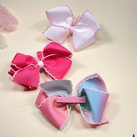 5 Inch Grosgrain Ribbon Bow Hair Clip for Baby Girls, Alligator Clips Hair Barrettes, Moonstitch Edge Hair Bows for Toddlers (White + Hot Pink)
