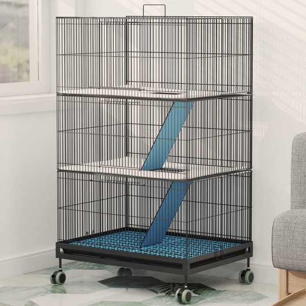 KINGBO 3-Tier Ferret Cage with 3 Front Doors, 23" × 17" × 39" Wire Cage, Animal Cage for Hamster, Rat, Chinchilla, Squirrel, Gerbil, Rabbit, Sugar Glider Cage with Wheels (Black)