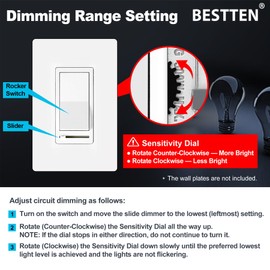 BESTTEN 10 Pack Dimmer Light Switch, Single Pole or 3-Way, Slide Dimmer Switches, Compatible with Dimmable LED, CFL, Incandescent and Halogen Bulb, Neutral Wire Not Required, 120VAC, UL Listed, White