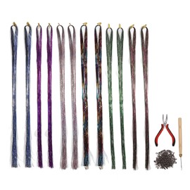 Hair Tinsel Kit with Tools 12pcs Sparkling Colorful Tinsel Hair Extensions Colorful Shiny Hairstyle Decoration Tool for Party