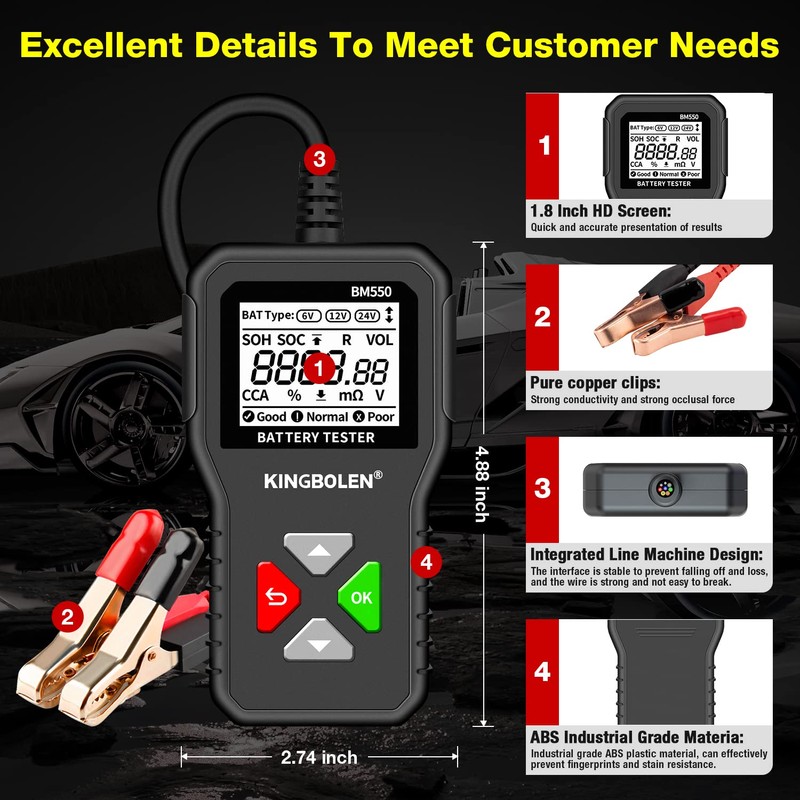 KINGBOLEN BM550 6V 12V 24V Car Battery Tester, 100-2000 CCA