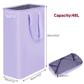 efluky Slim Laundry Basket, Narrow Laundry Hamper with Handles, Collapsible Dirty Clothes Hamper, Tall Laundry Bin for Laundry Room, Dorm and Bedroom, 12.7 Gallons(48L) Light Purple