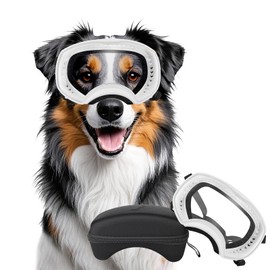 Billionchains Dog Sunglasses UV Protection Clear Dog Goggles Windproof Glasses with Elastic Straps for Medium-Large Breed, White Frame + Clear Lens