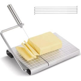 MEETOZ Cheese Slicer, Stainless Steel with Scale Cheese Slicers Board, Cheese Cutters for Block Cheese with 5 Replacement Wires, Stainless Steel Cheese Slicers for Butter Cutter Food Slicer