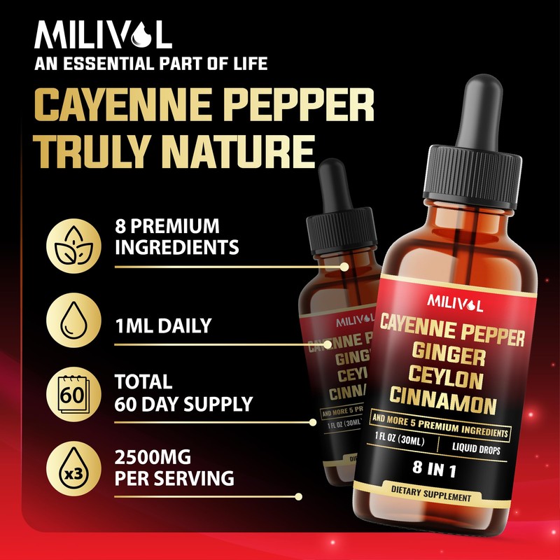 MILIVOL 8in1 Cayenne Pepper Liquid Drops with Ginger, Ceylon Cinnamon,