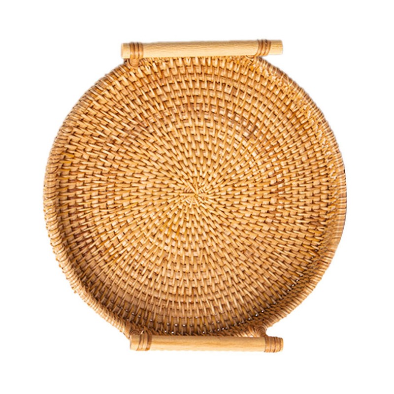 Hand Woven Round Rattan Serving Tray Bread Fruit Dessert Snack