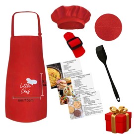 Little Chef Apron & Hat set. Includes spatula and recipes. Family Cooking & Baking adventures (White)