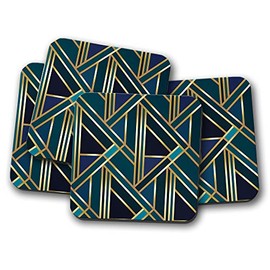 4 Set - Art Deco Coaster - Green Gold Geometric Wallpaper Retro #12546