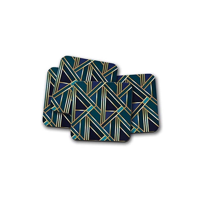 4 Set - Art Deco Coaster - Green Gold Geometric
