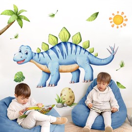 Tanlaby Large Dinosaur Wall Decals Blue Dino Palm Tree Wall Stickers Peel and Stick Art Decor for Baby Nursery Boys Girls Kids Toddler Bedroom Playroom Classroom