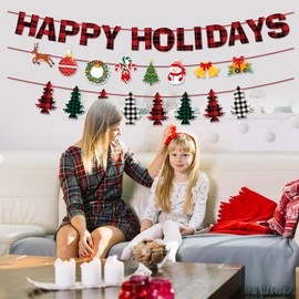 Buffalo Plaid Happy Holidays Decorations, Pre-Assembled 1Pcs Happy Holidays Banner, 1Pcs Buffalo Plaid Christmas Garland, 1Pcs Christmas Banner Garland, Buffalo Plaid Christmas Decorations